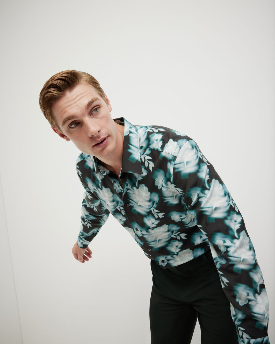 Distorted Floral Printed Long Sleeve Shirt, Green Blurred Floral, hi-res